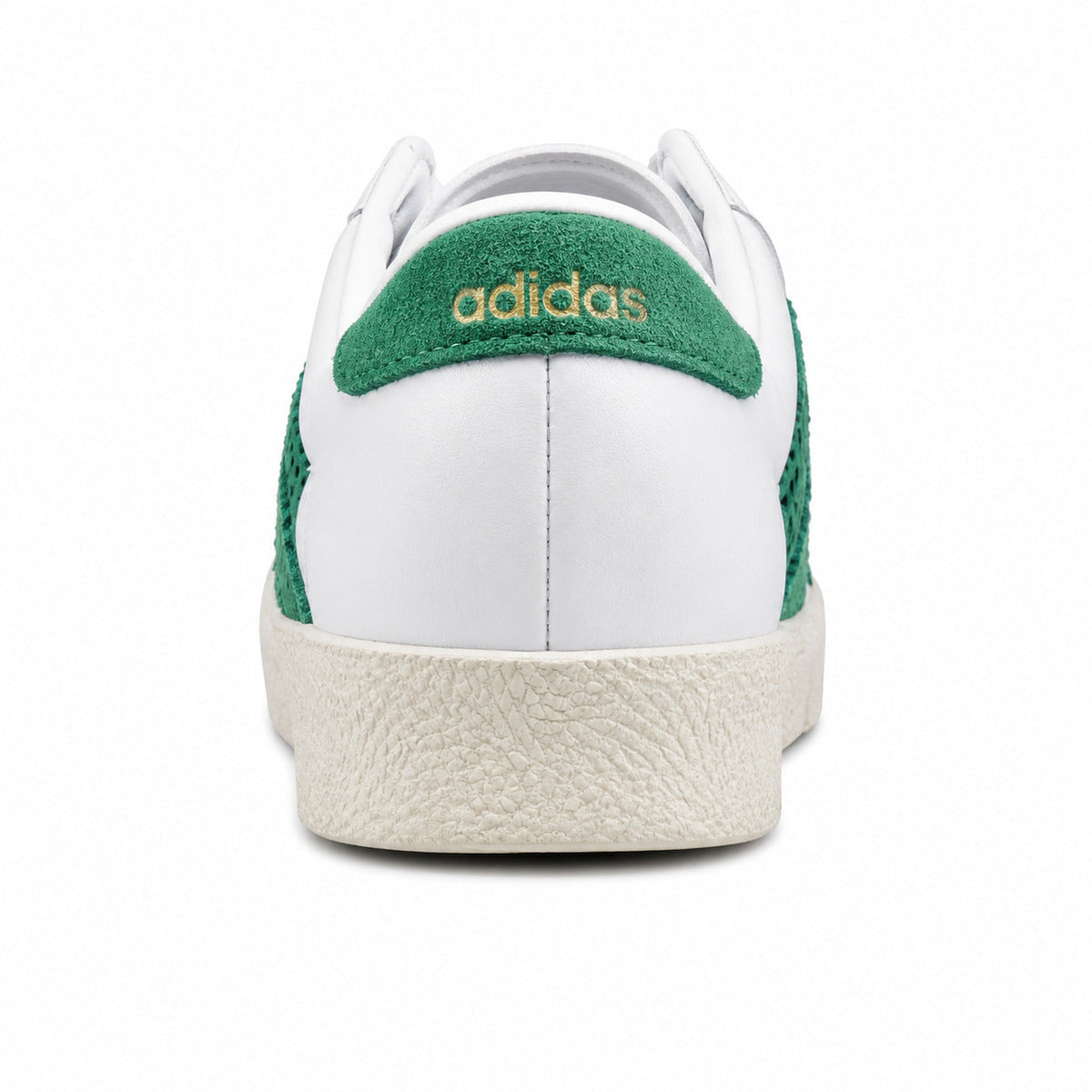 Adidas Taekwondo x Sporty Rich blanco detalle talón ante verde adidas dorado suela crema