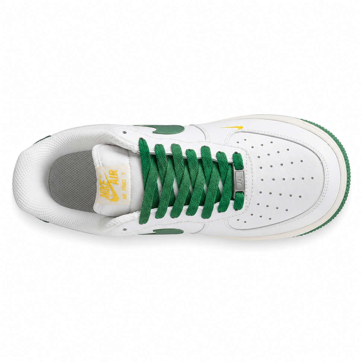 Nike Air Force 1 07 blanco verde amarillo talón detalle bordado dorado