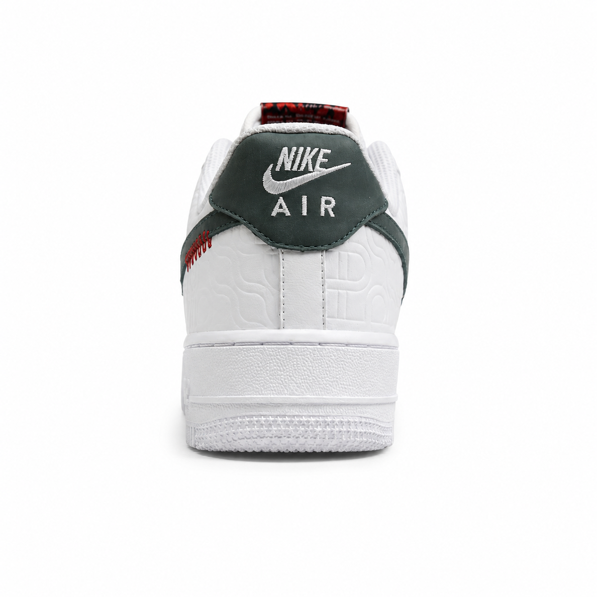Nike Air Force 1 Low blanco verde oscuro talón detalle bordado