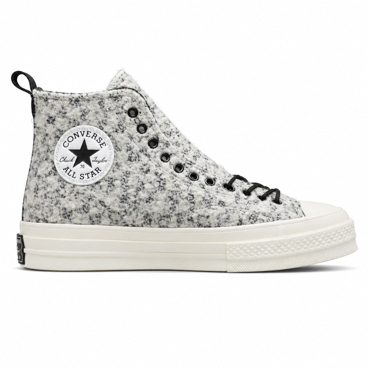 Converse Chuck 70 Hi bouclé blanco negro crudo lateral derecha logo