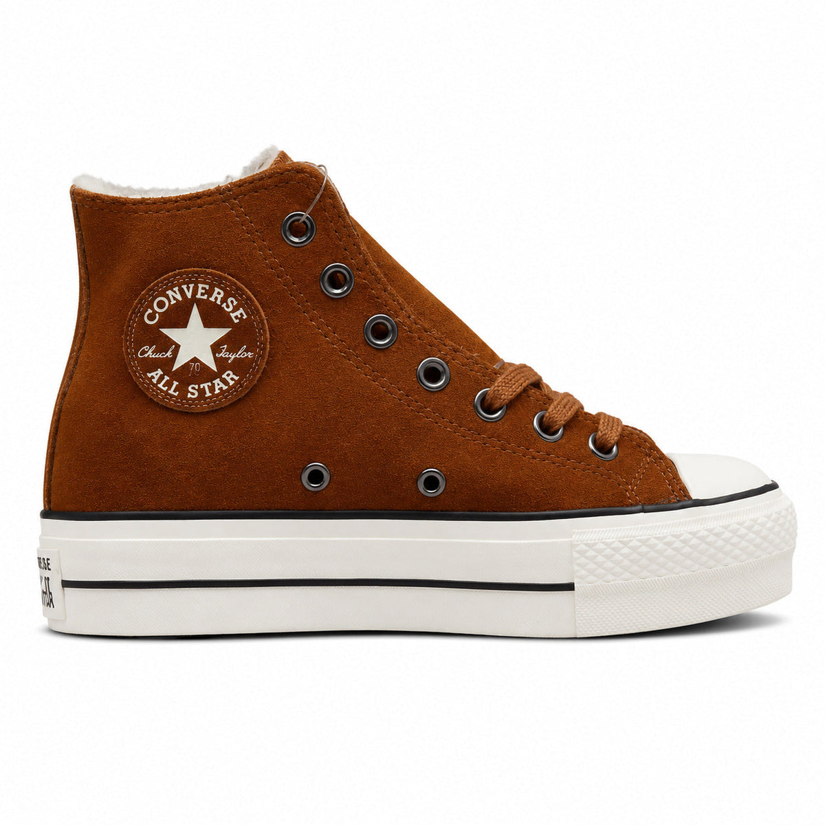 Converse Chuck 70 Hi Platform marrón ante sherpa lateral derecha logo