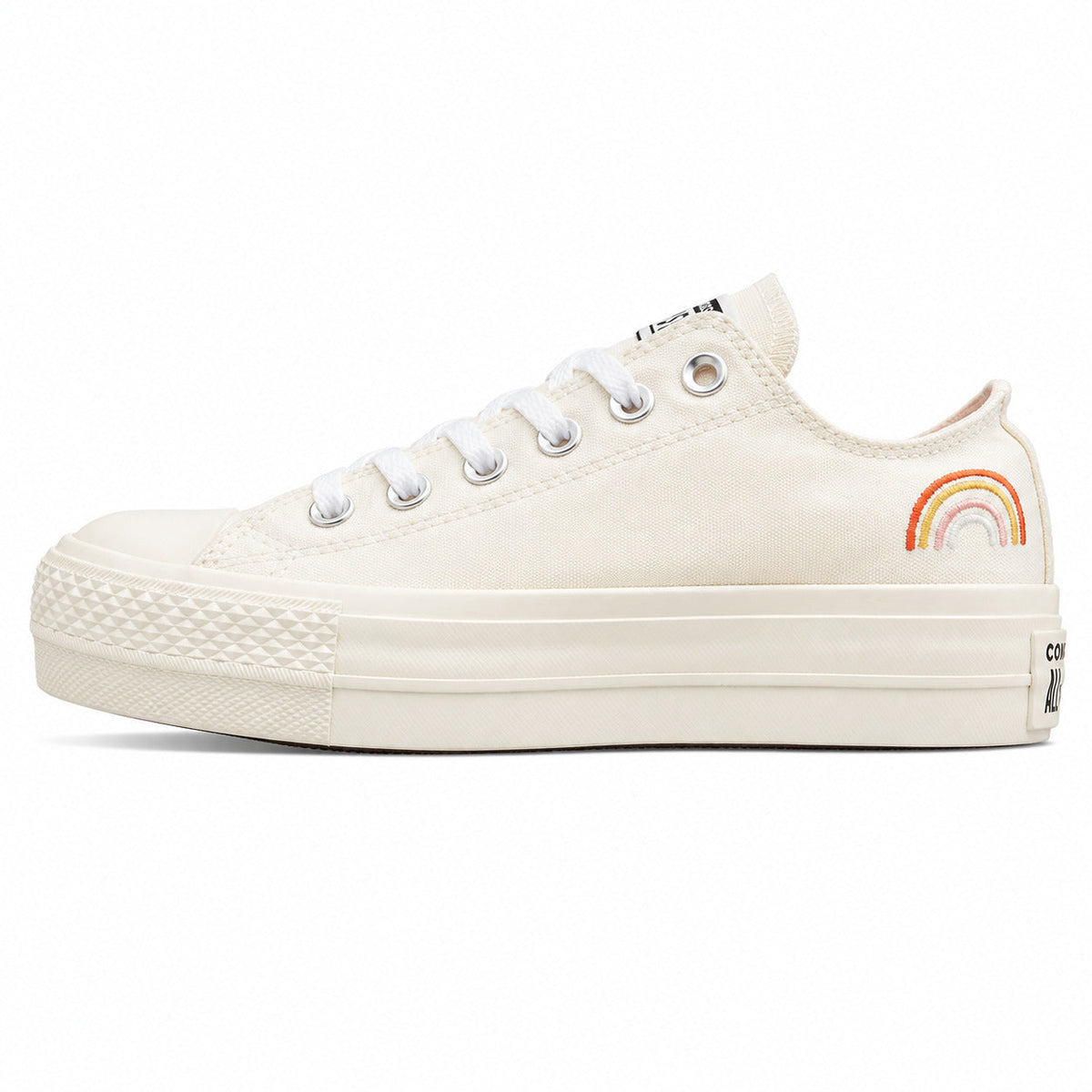 Converse All Star Platform Low bordado arcoíris blanco crema lateral izquierda