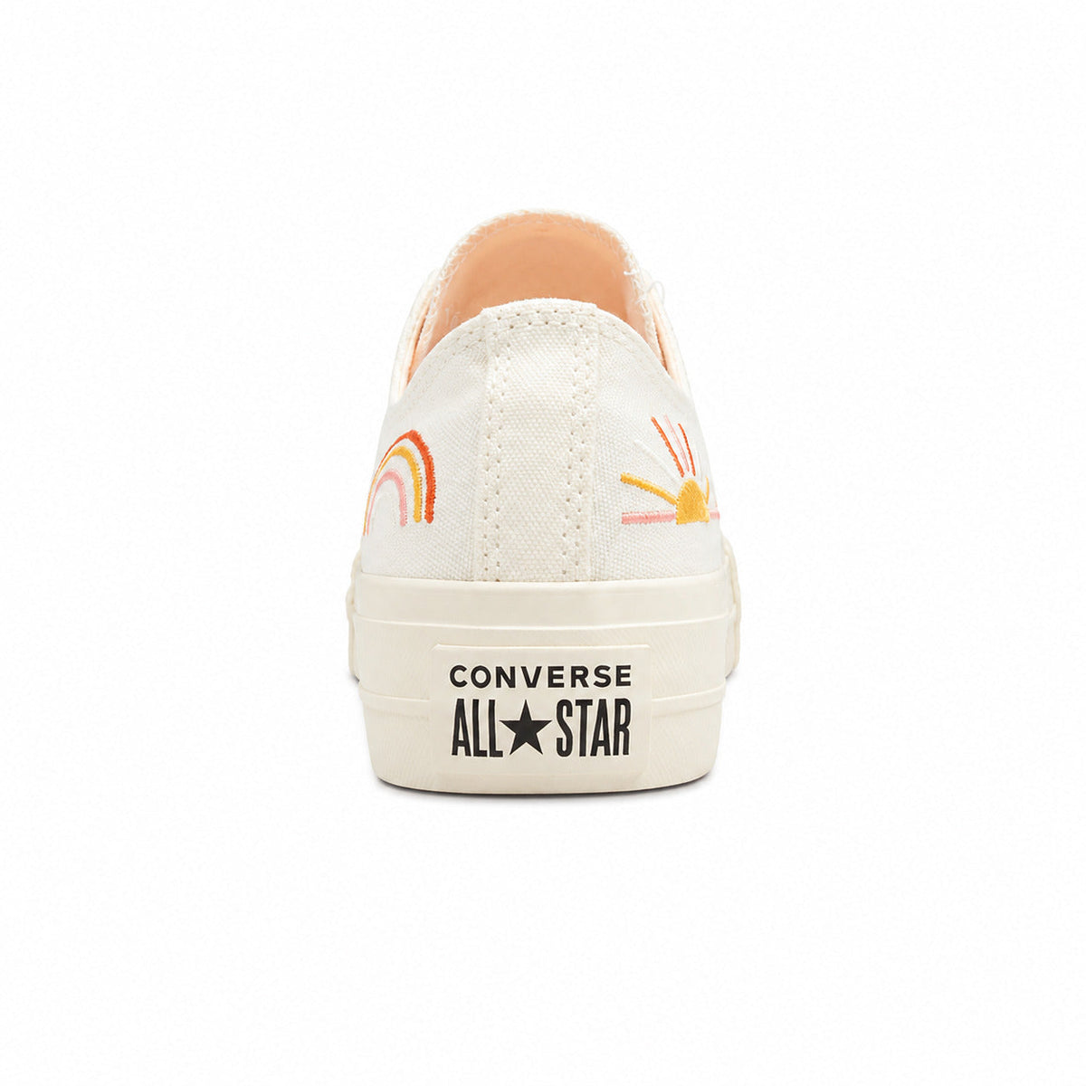 Converse All Star Platform Low bordado arcoíris sol detalle talón
