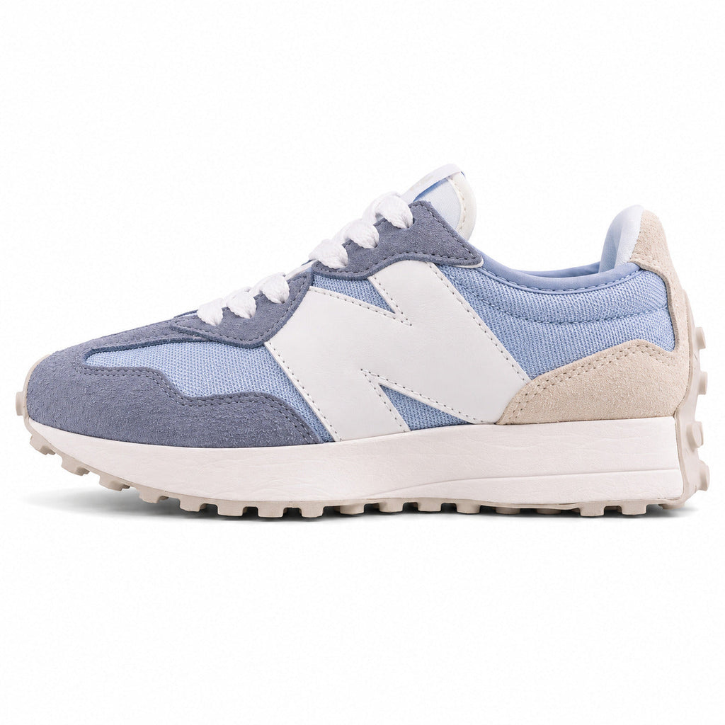 New Balance 327 azul claro y gris ante y nylon, lateral exterior
