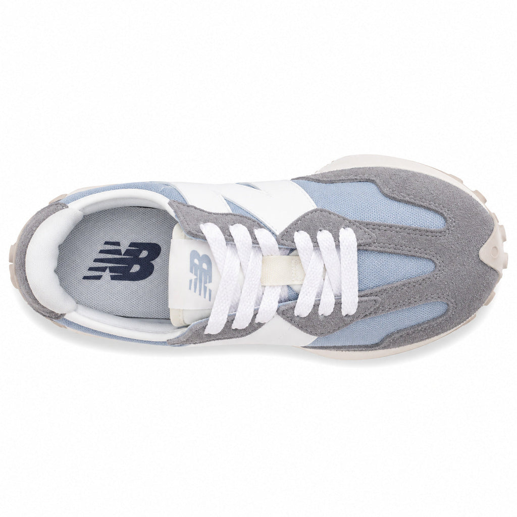 New Balance 327 azul claro y gris, vista superior con palmilla azul