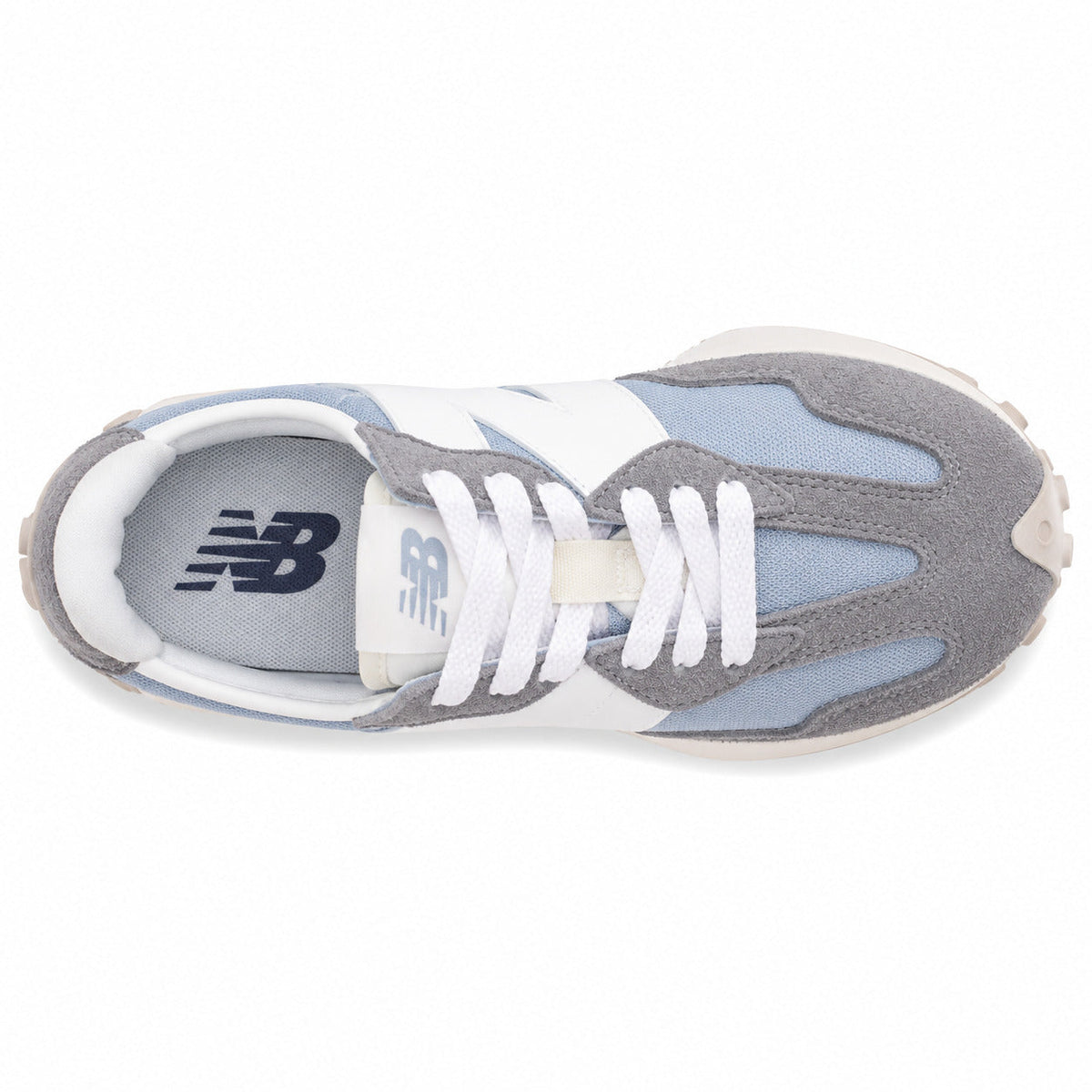 New Balance 327 azul claro y gris, vista superior con palmilla azul