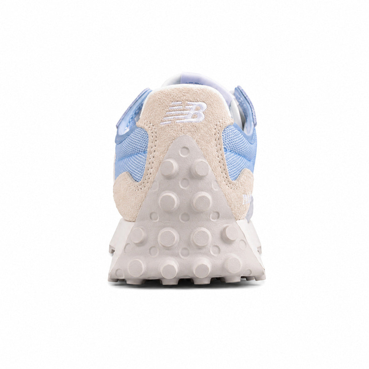New Balance 327 azul claro y gris, detalle talón ante crema y suela blanca