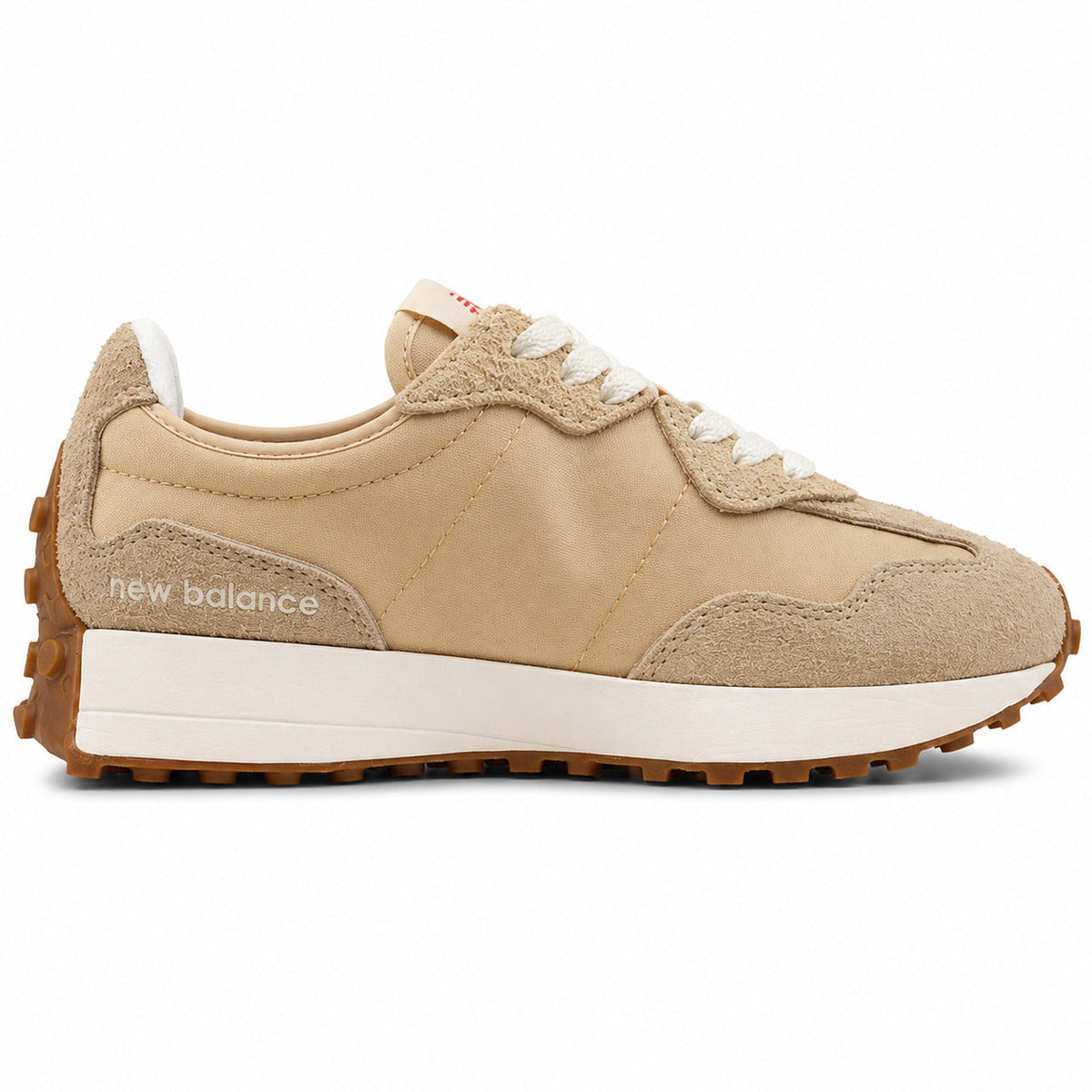 New Balance 327 beige y blanco ante y nylon, lateral interior
