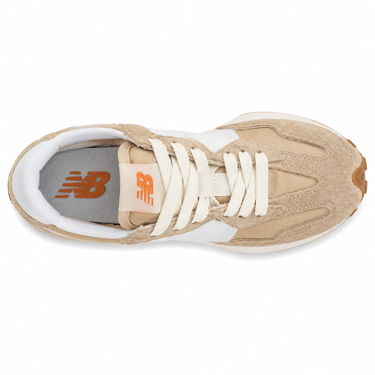 New Balance 327 beige y blanco, vista superior con palmilla naranja