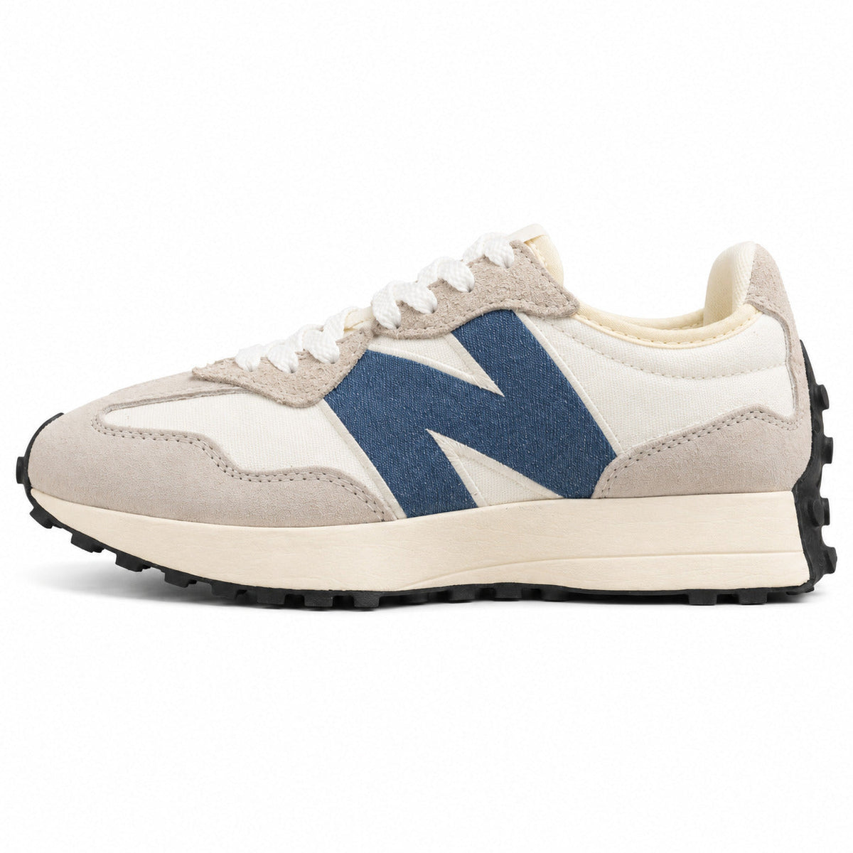 New Balance 327 crema y azul denim ante y nylon, lateral exterior
