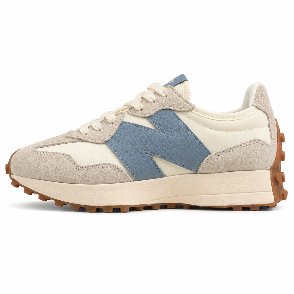 New Balance 327 crema y azul pizarra ante y nylon, lateral exterior