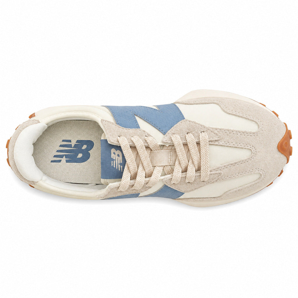 New Balance 327 crema y azul pizarra, vista superior con palmilla azul