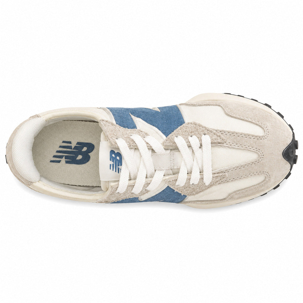 New Balance 327 crema y azul denim, vista superior con palmilla azul