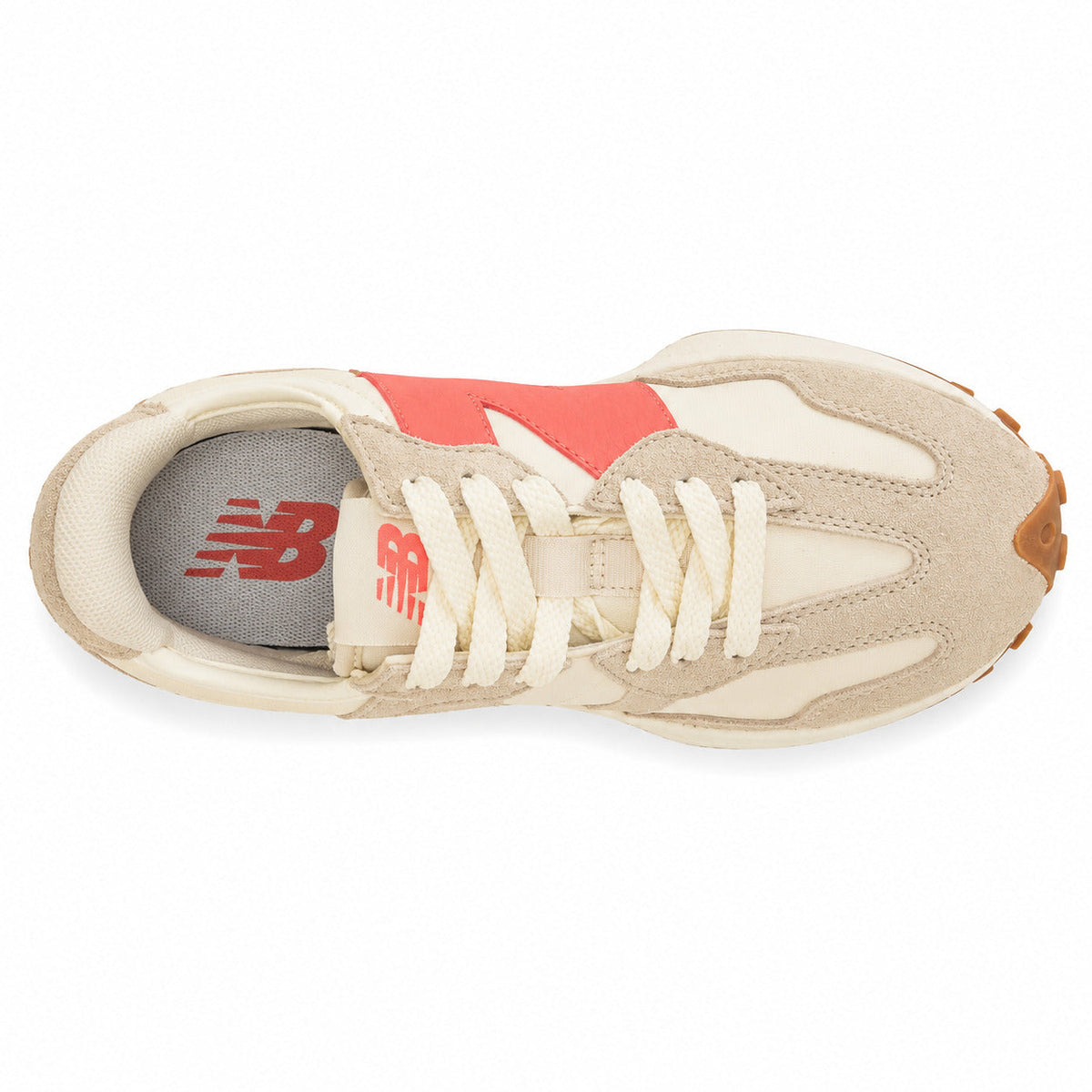 New Balance 327 crema y coral, vista superior con palmilla roja