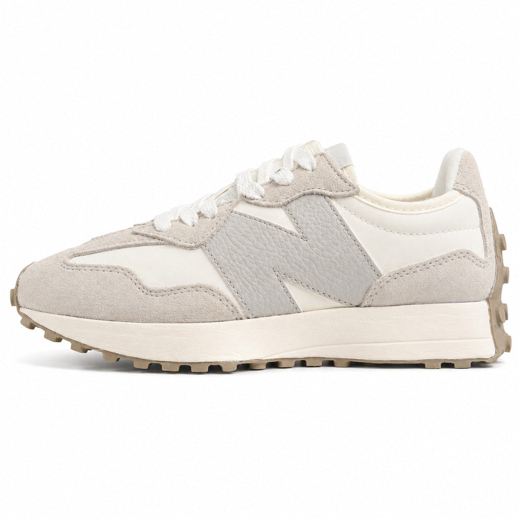 New Balance 327 crema y gris ante y nylon, lateral exterior