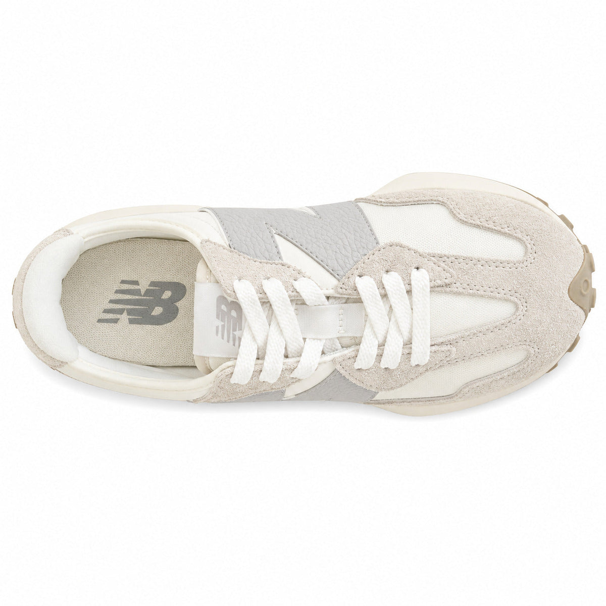 New Balance 327 crema y gris, vista superior con palmilla gris