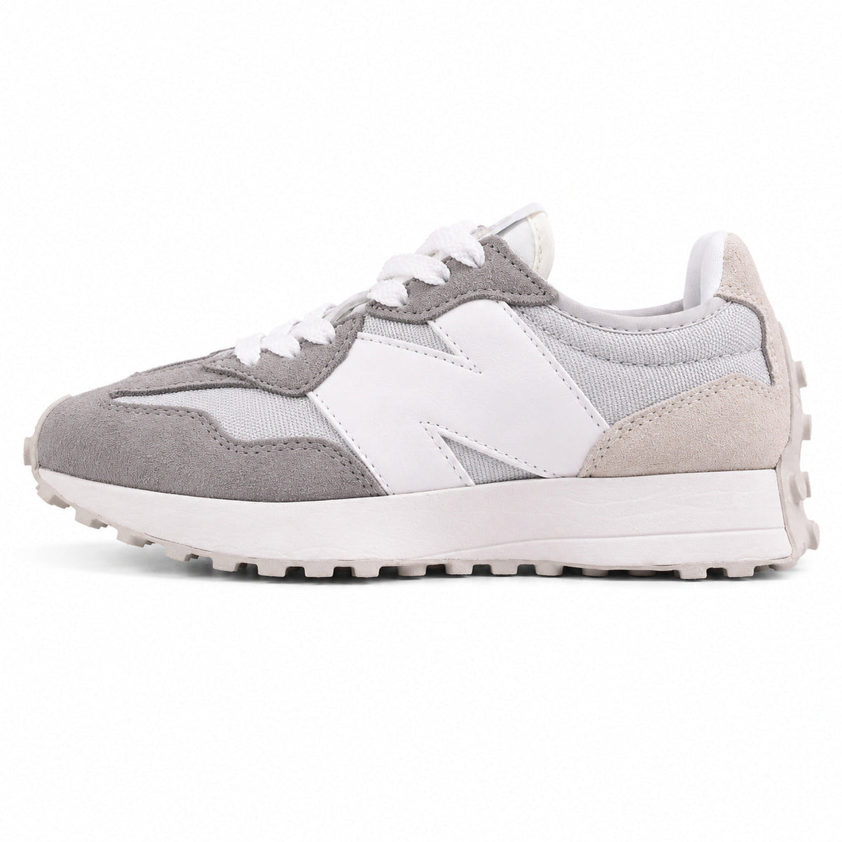 New Balance 327 gris claro y blanco ante y nylon, lateral exterior