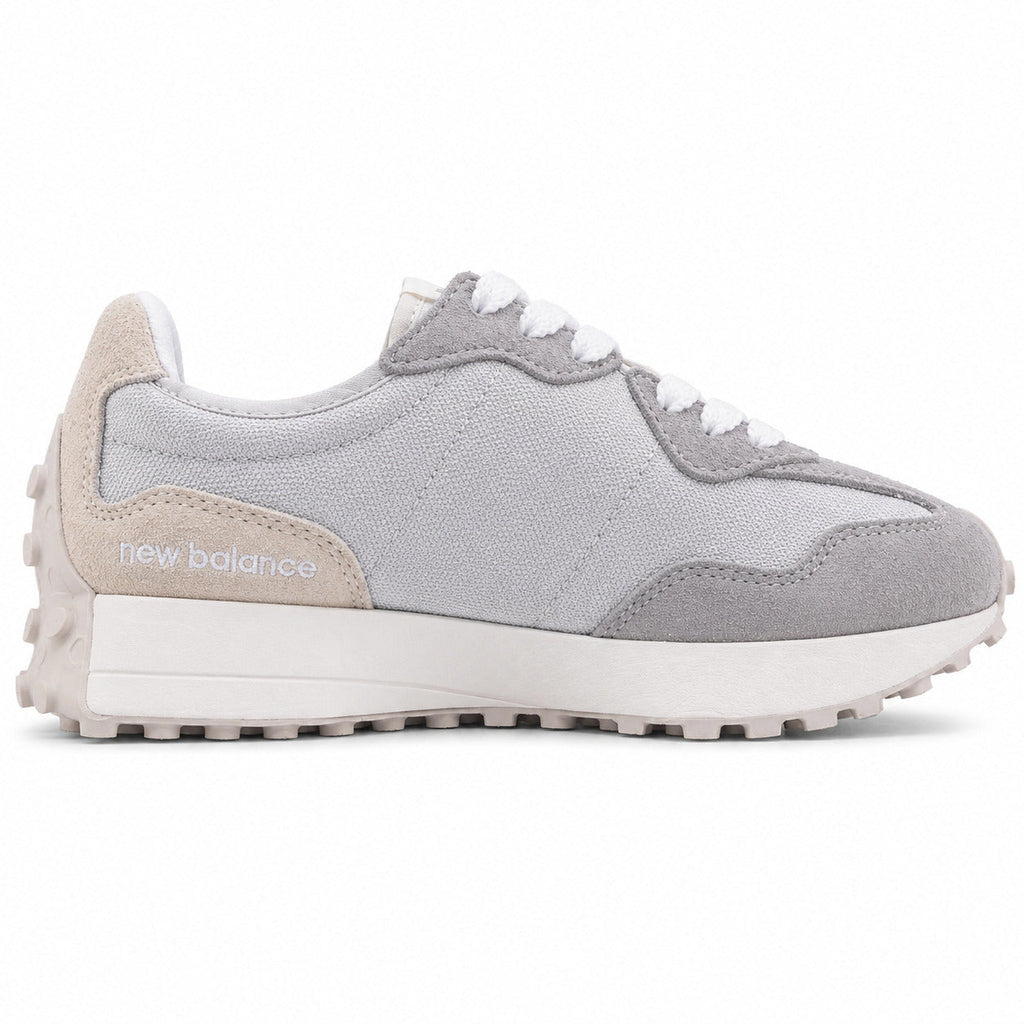 New Balance 327 gris claro y blanco ante y nylon, lateral interior
