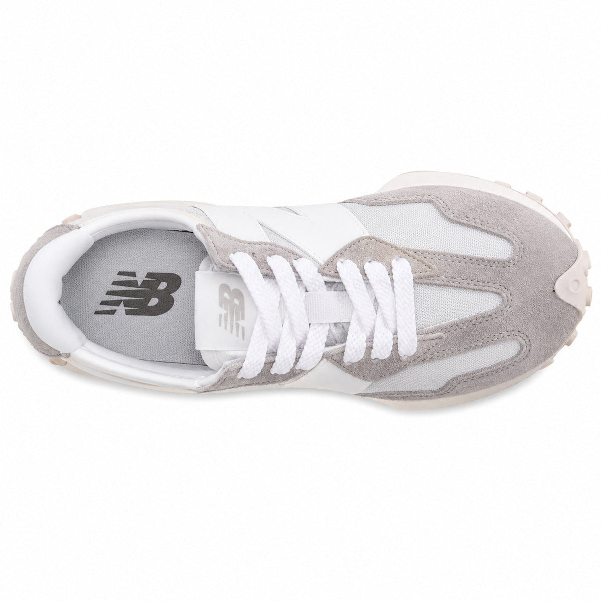 New Balance 327 gris claro y blanco, vista superior con palmilla gris