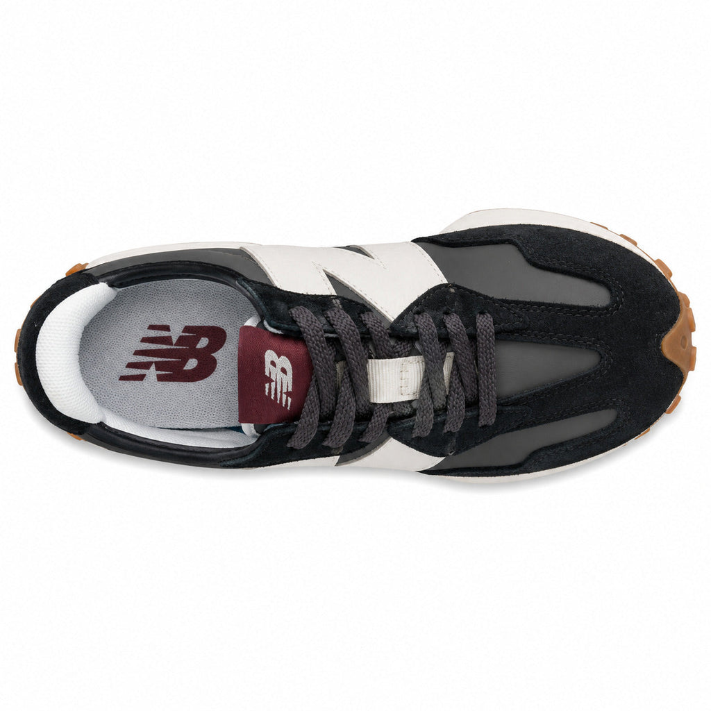 New Balance 327 negro y crema, vista superior con palmilla burdeos