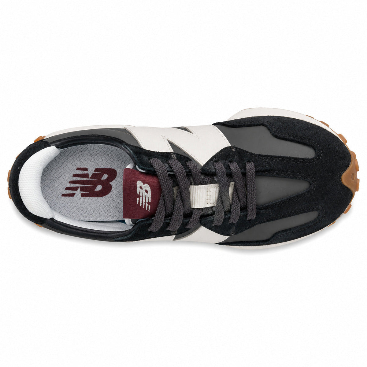 New Balance 327 negro y crema, vista superior con palmilla burdeos