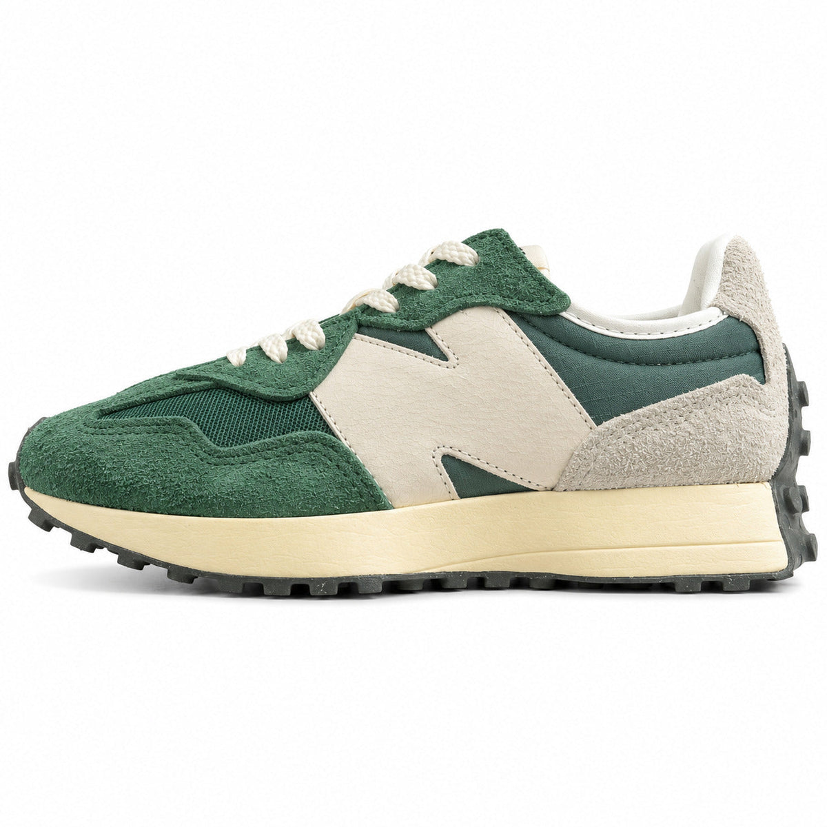 New Balance 327 verde bosque y crema ante y nylon, lateral exterior