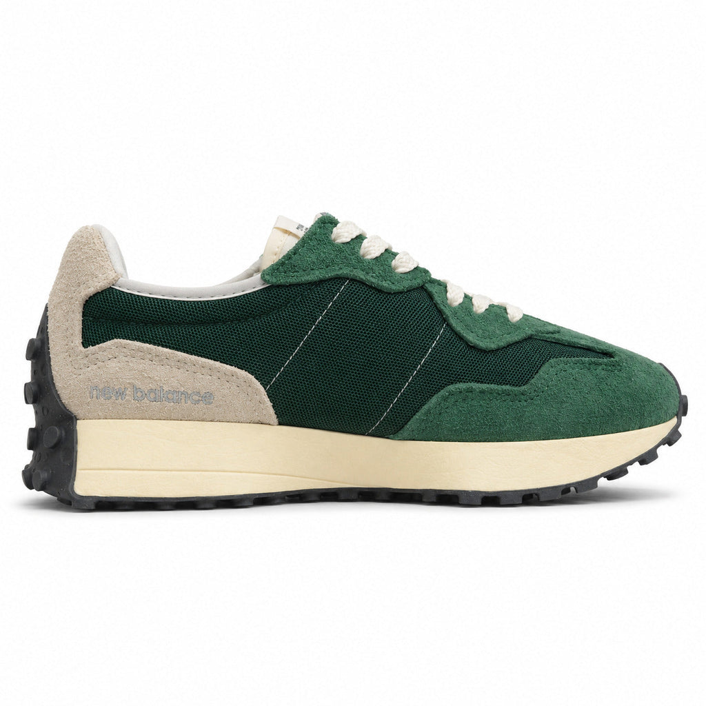 New Balance 327 verde bosque y crema ante y nylon, lateral interior