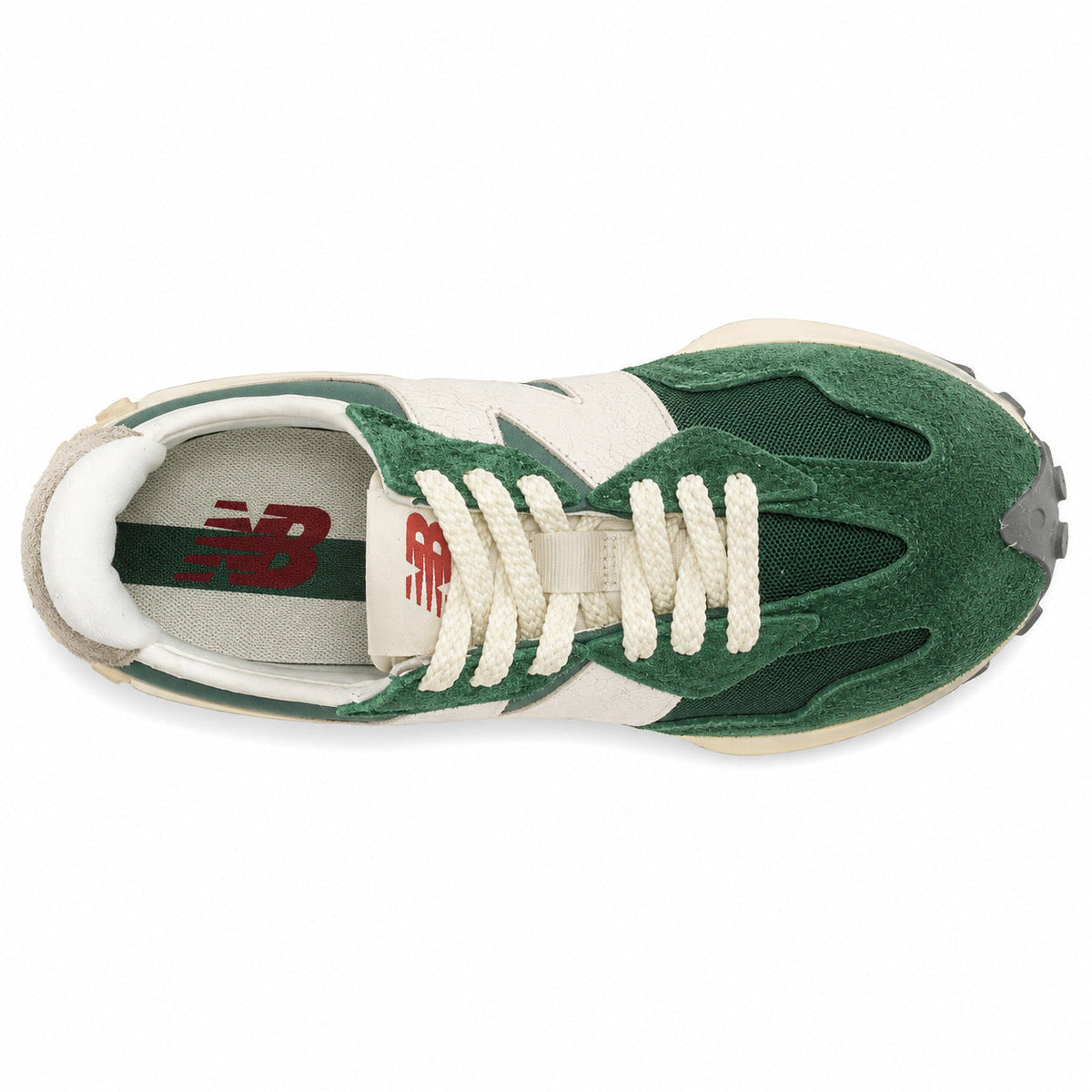 New Balance 327 verde bosque y crema, vista superior con palmilla verde