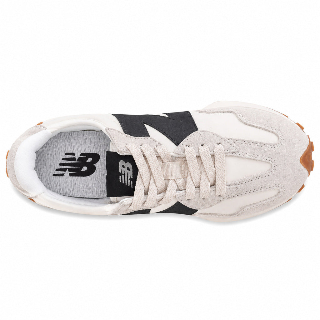 New Balance 328 crema y negro, vista superior con palmilla negra