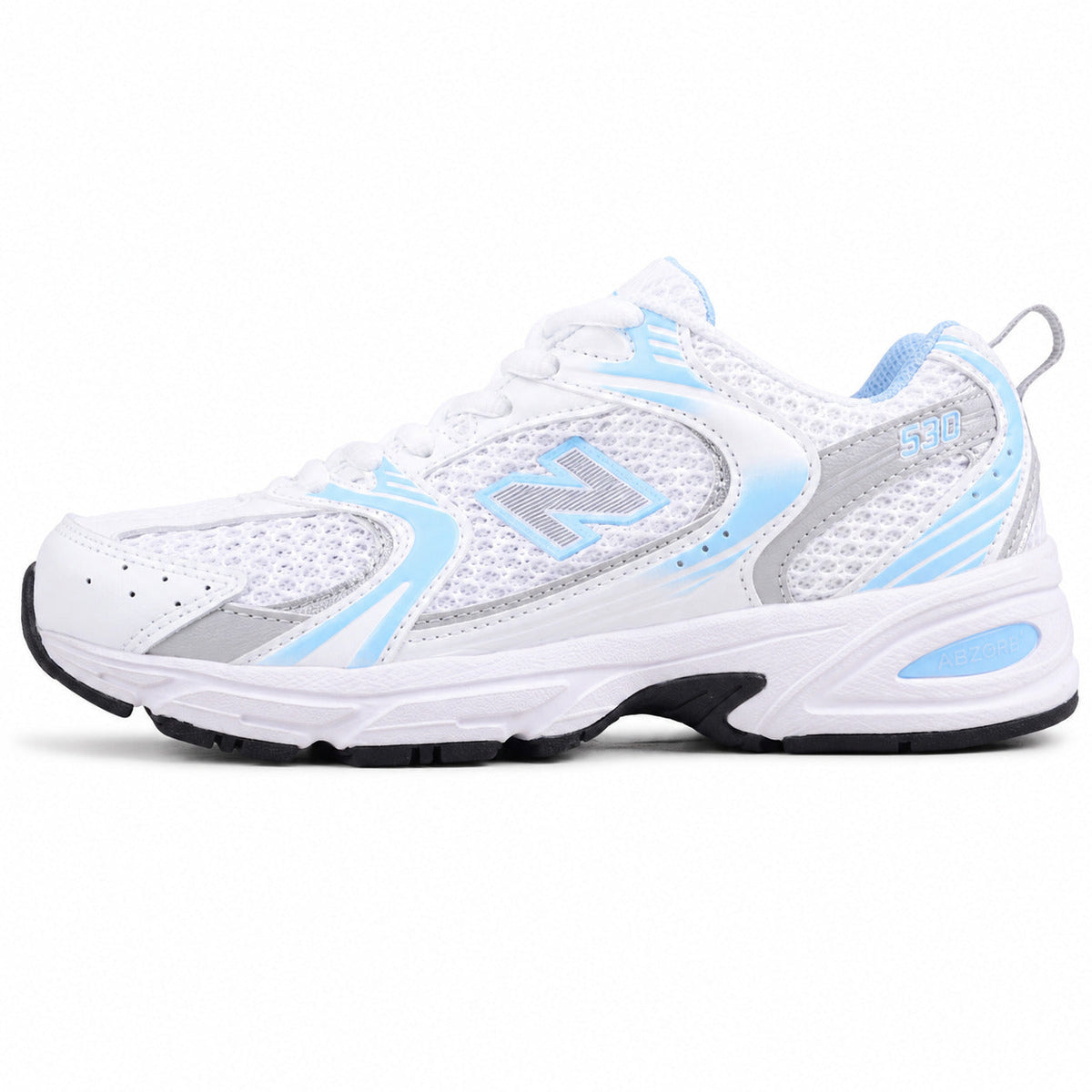 New Balance 530 blanco y azul claro mesh y cuero, lateral exterior