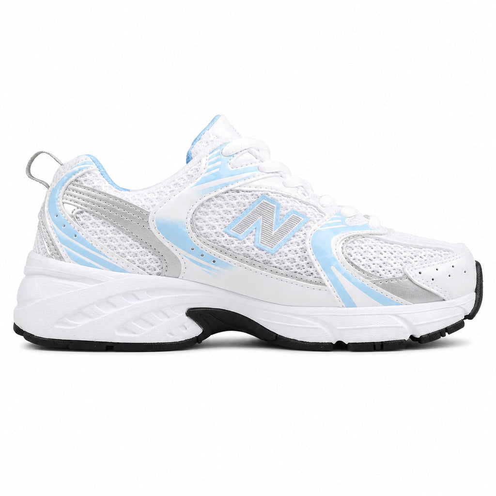 New Balance 530 blanco y azul claro mesh y cuero, lateral interior