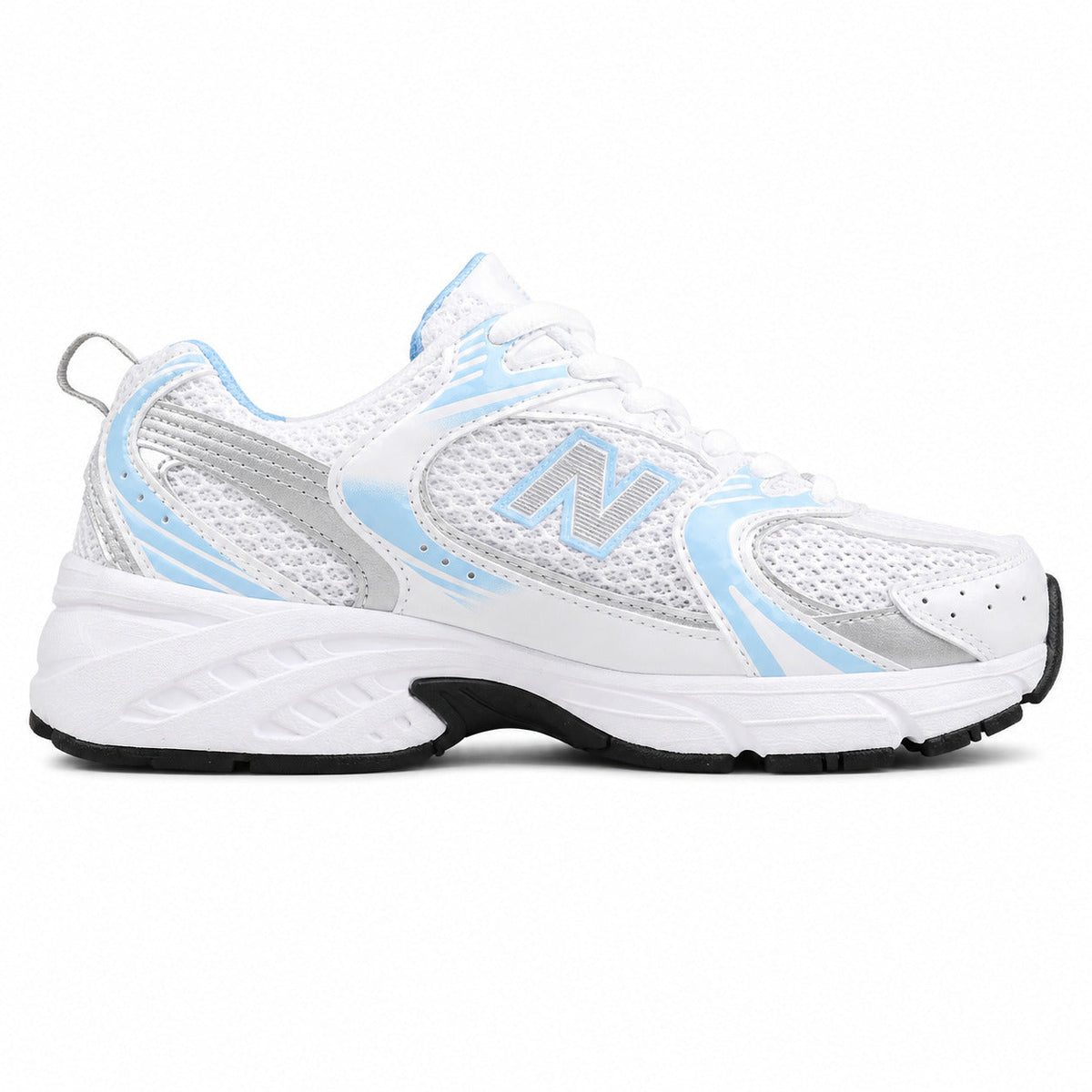 New Balance 530 blanco y azul claro mesh y cuero, lateral interior