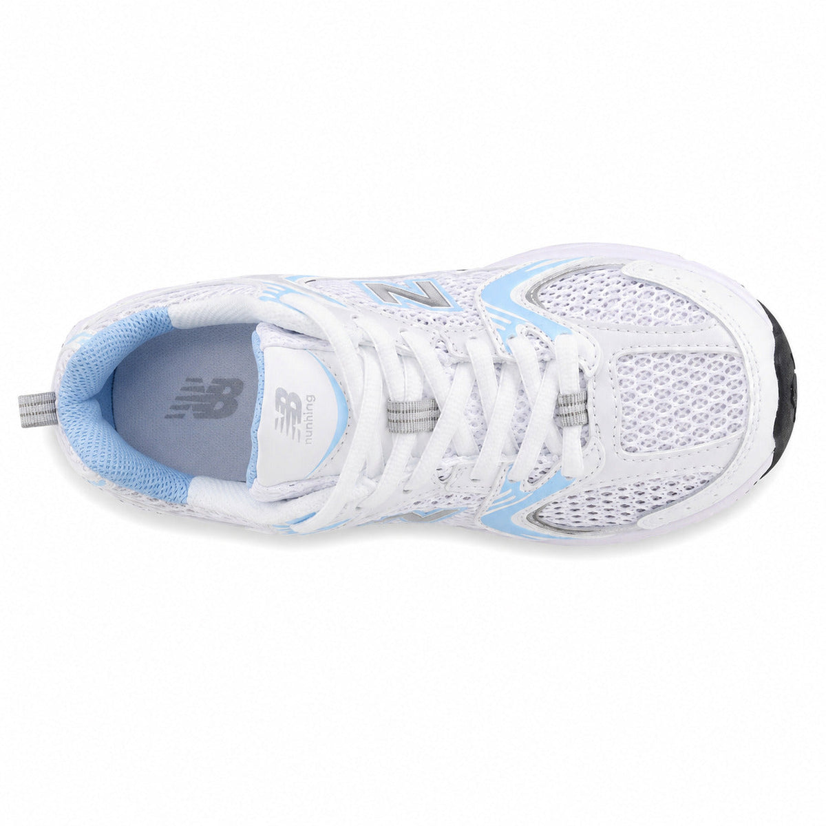 New Balance 530 blanco y azul claro, vista superior con palmilla azul