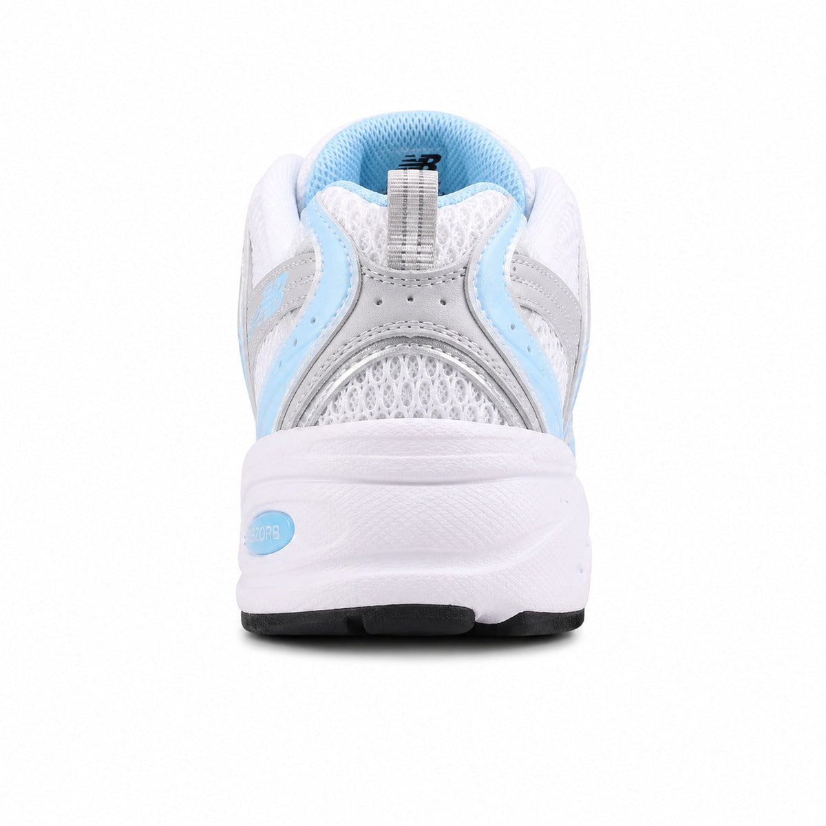 New Balance 530 blanco y azul claro, detalle talón con tecnología ABZORB