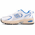 New Balance 530 blanco y azul mesh y cuero, lateral exterior