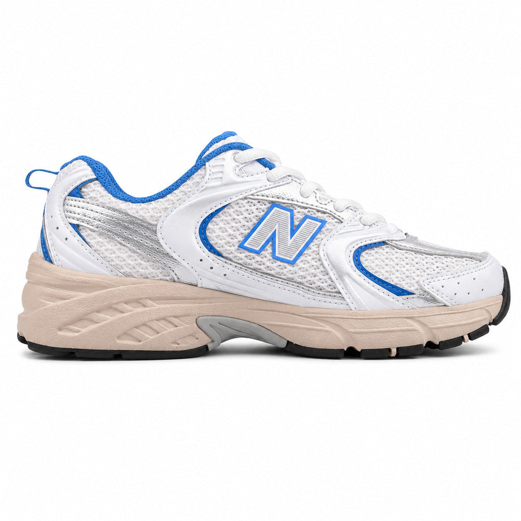 New Balance 530 blanco y azul mesh y cuero, lateral interior