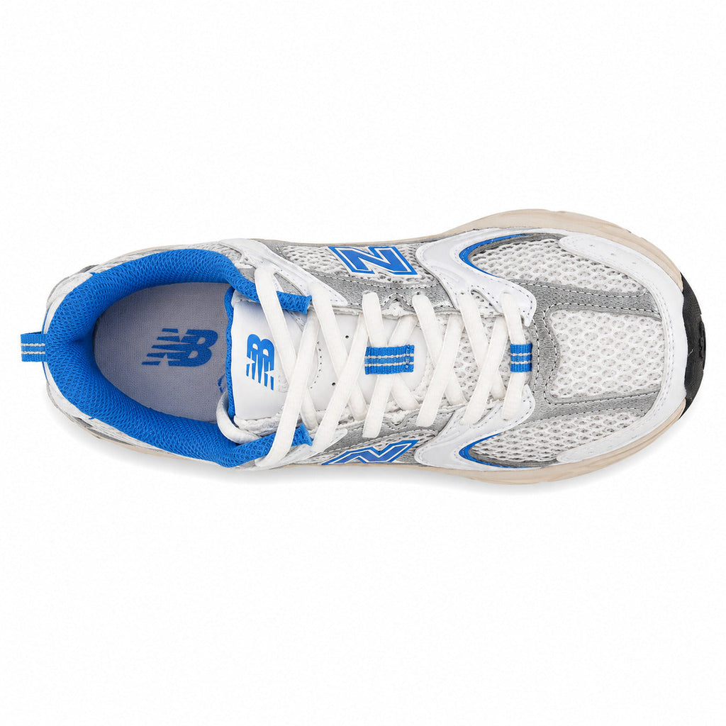 New Balance 530 blanco y azul, vista superior con palmilla azul