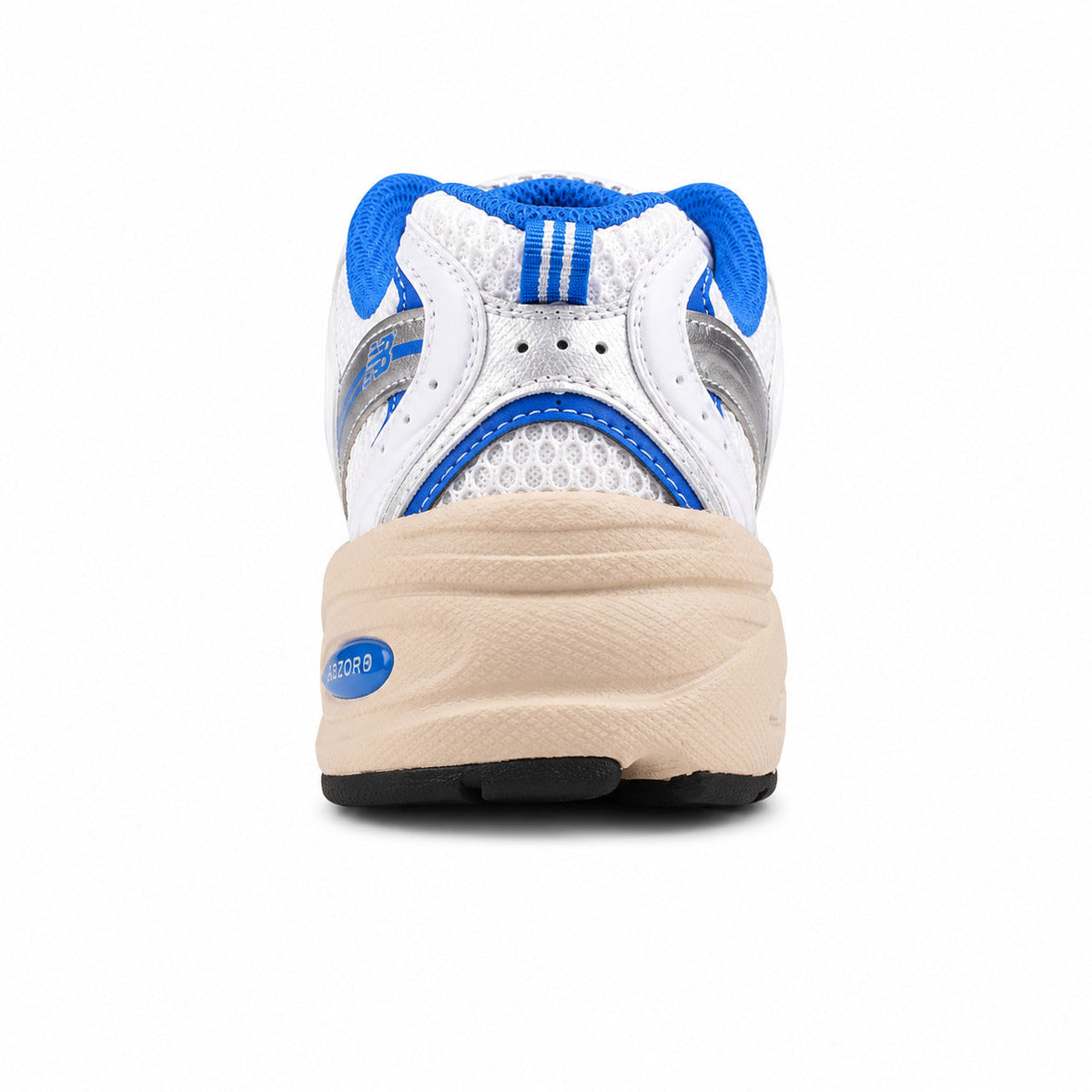 New Balance 530 blanco y azul, detalle talón con tecnología ABZORB azul