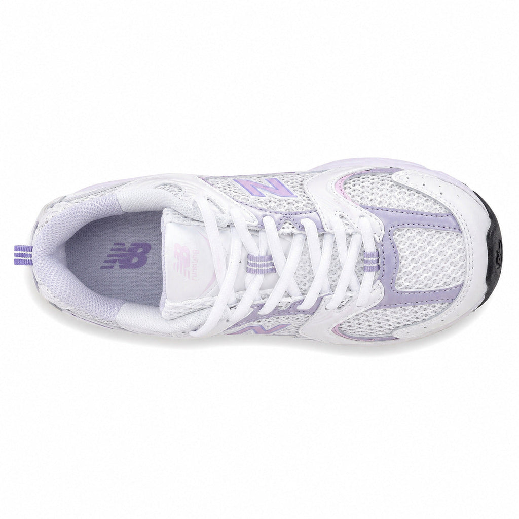 New Balance 530 blanco lila vista superior cordones