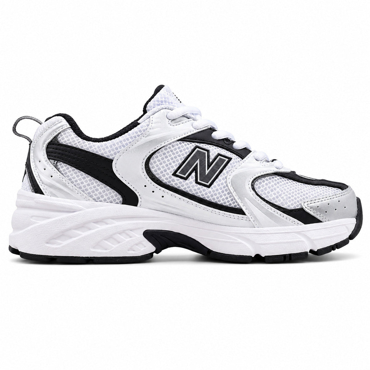 New Balance 530 blanco negro plata vista lateral derecha