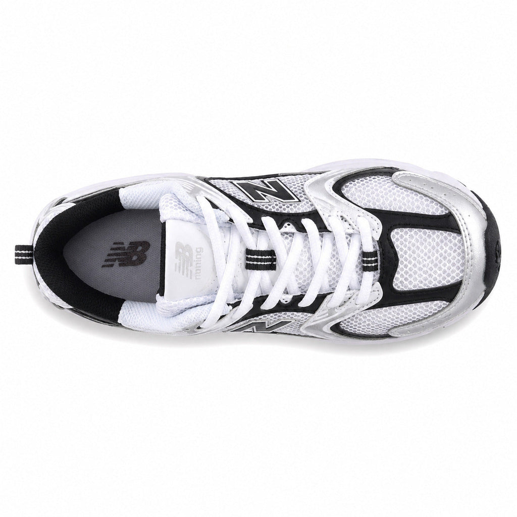 New Balance 530 blanco negro plata vista superior cordones