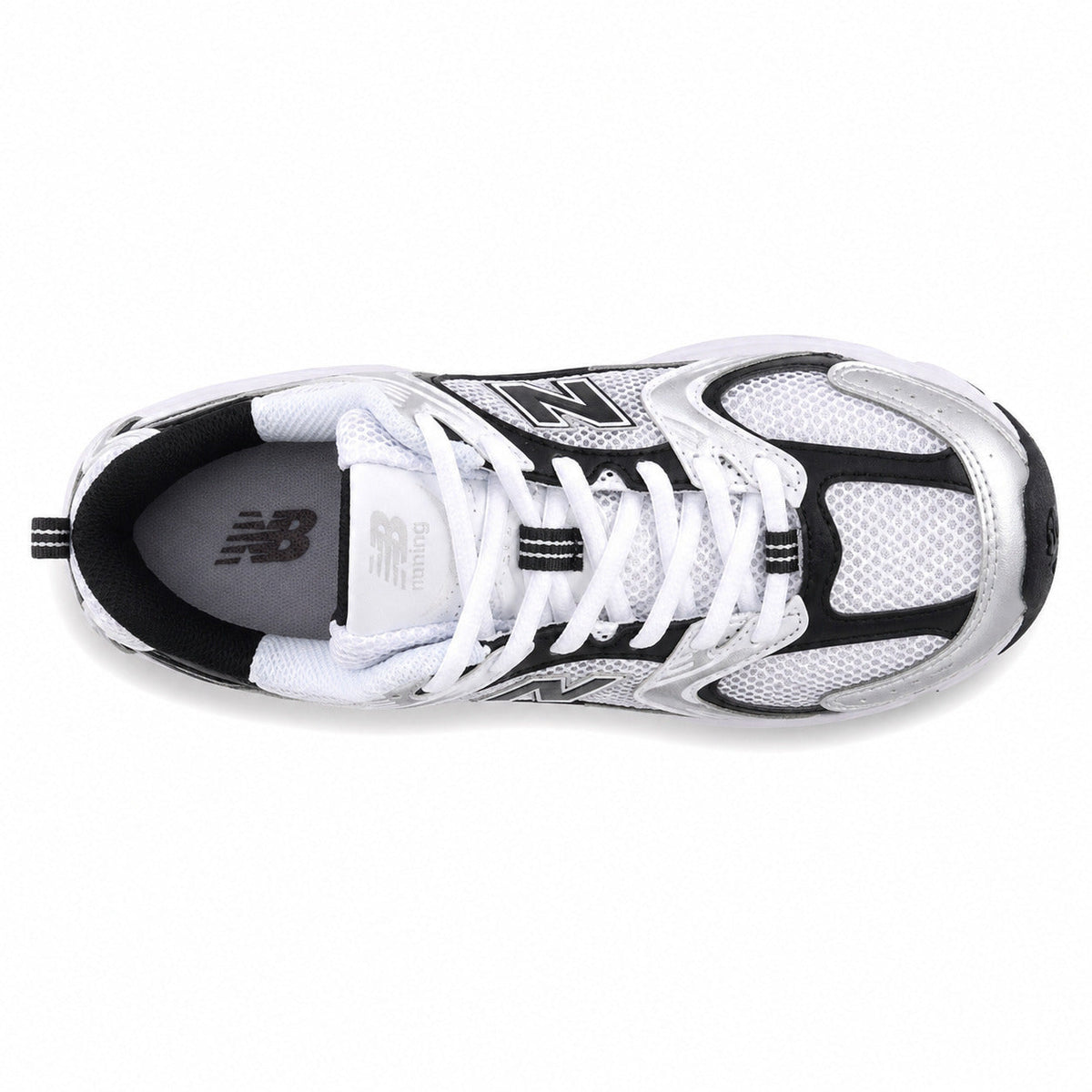 New Balance 530 blanco negro plata vista superior cordones