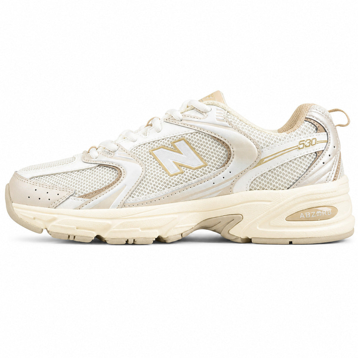 New Balance 530 crema y beige mesh y cuero, lateral exterior
