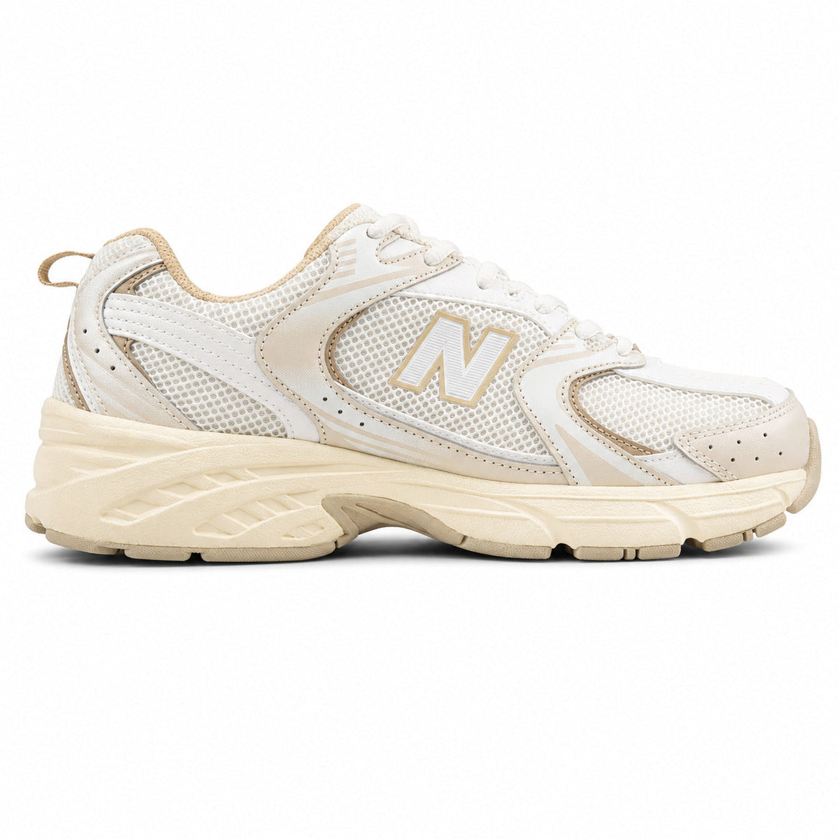 New Balance 530 crema y beige mesh y cuero, lateral interior
