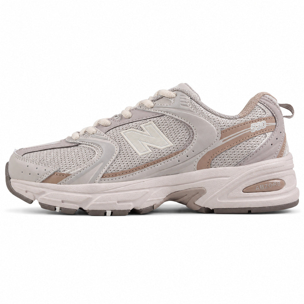 New Balance 530 gris arena y rosa polvo mesh y cuero, lateral exterior