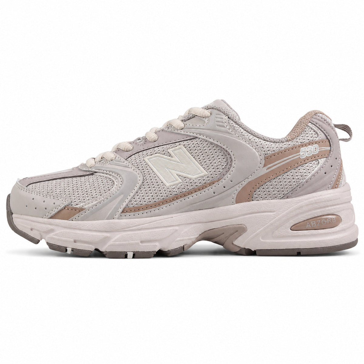 New Balance 530 gris arena y rosa polvo mesh y cuero, lateral exterior