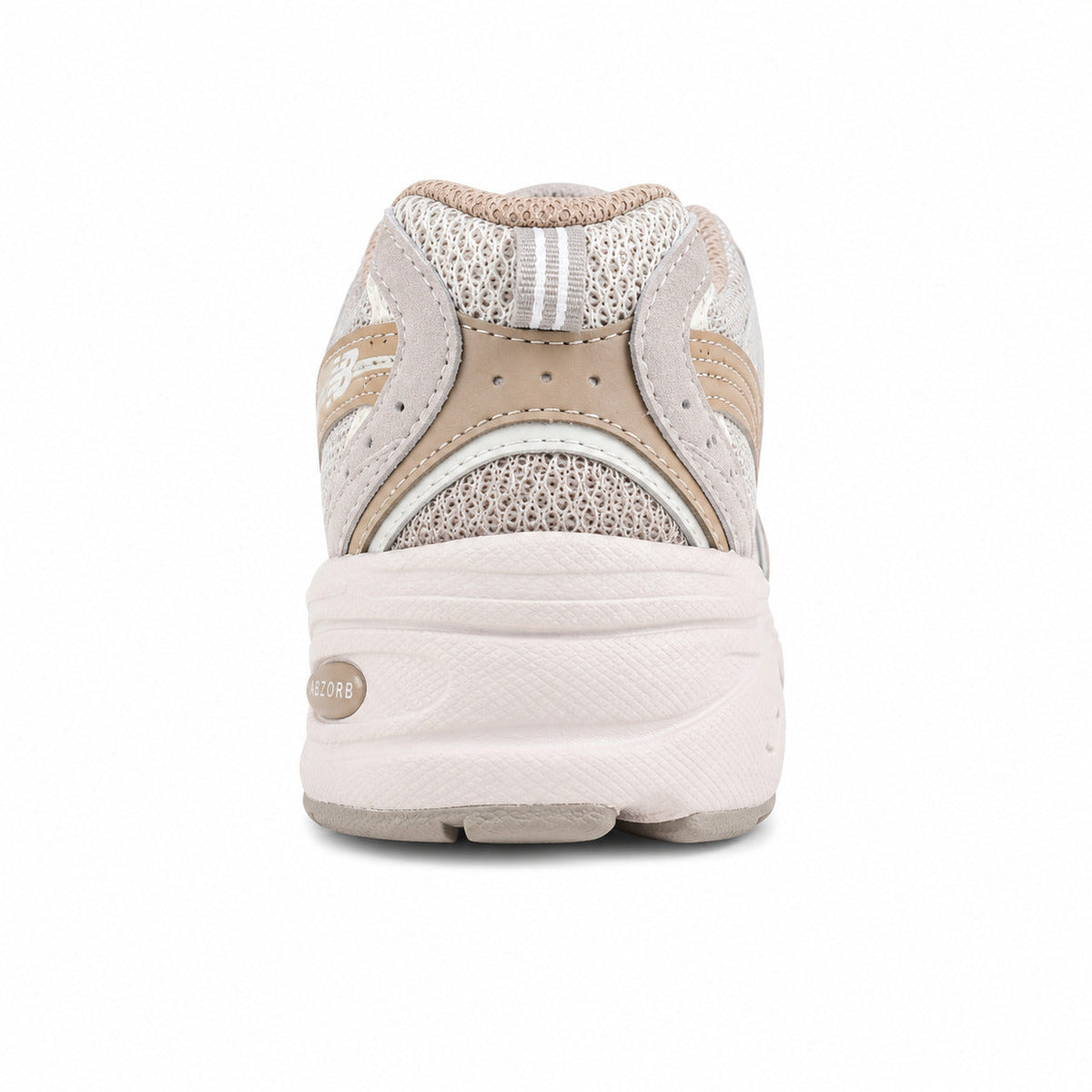 New Balance 530 gris arena y rosa polvo, detalle talón con tecnología ABZORB