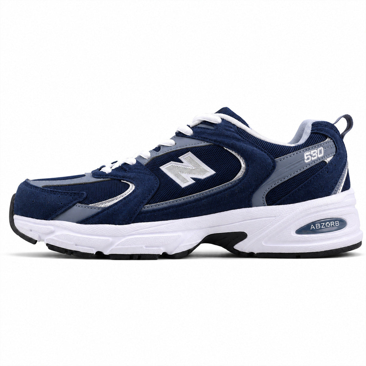 New Balance 530 azul marino y gris ante y mesh, lateral exterior