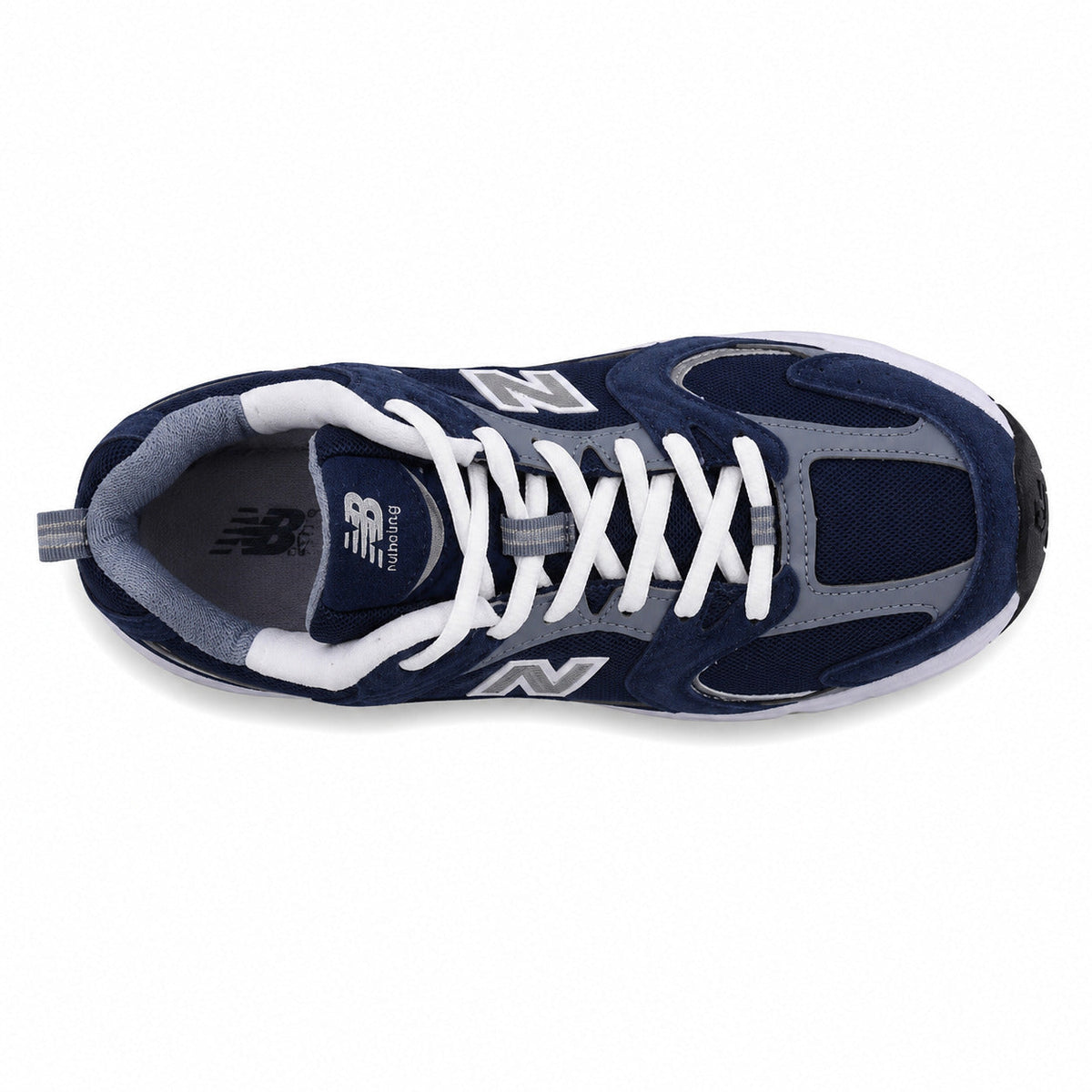 New Balance 530 azul marino y gris, vista superior con palmilla azul