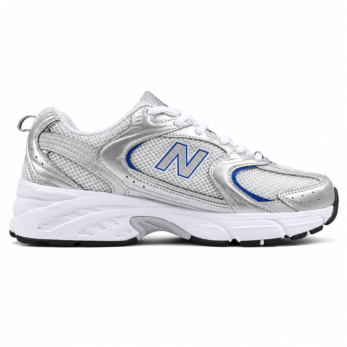 New Balance 530 plata azul metalizado vista lateral derecha